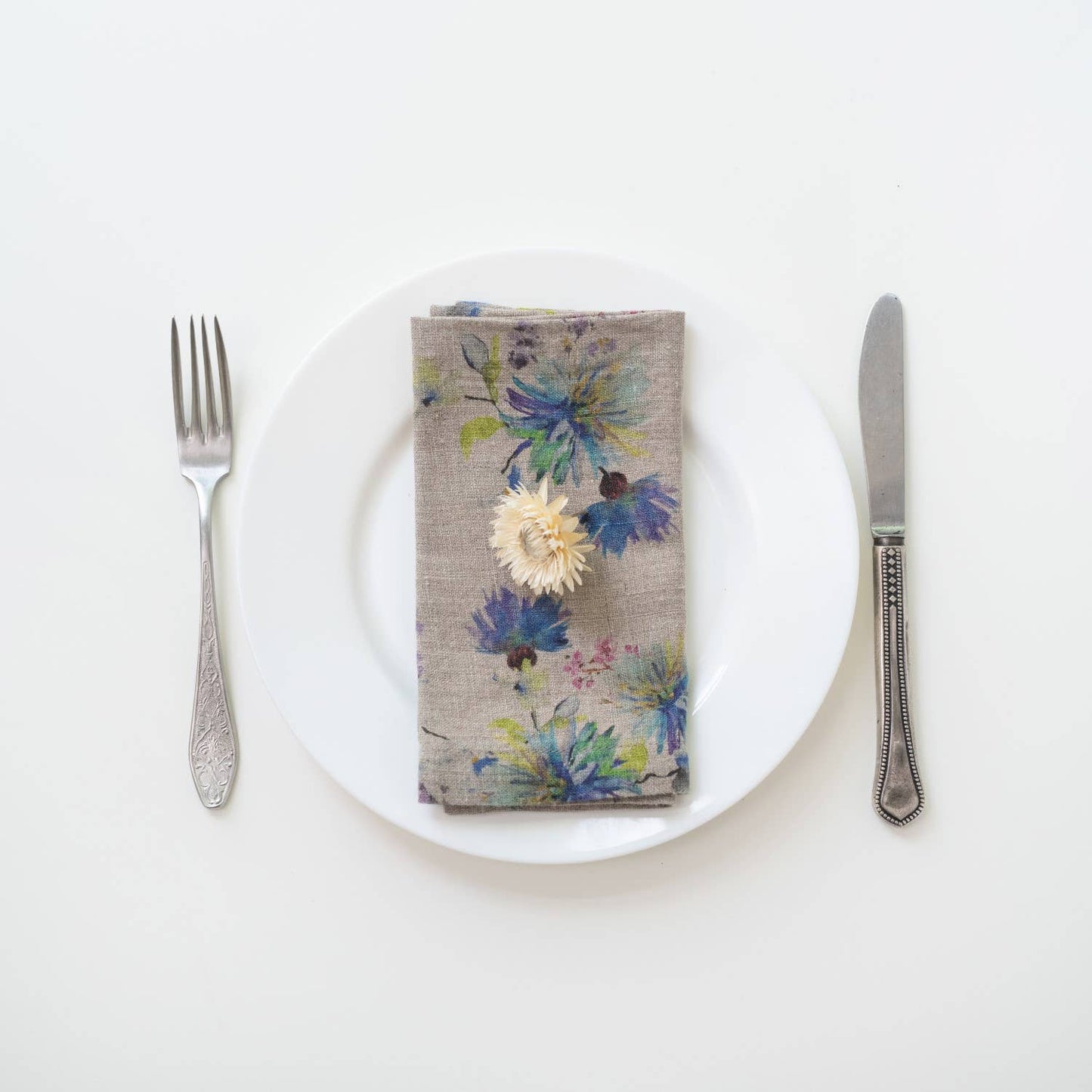 Flowers on Light Natural Linen Napkins Set of 4