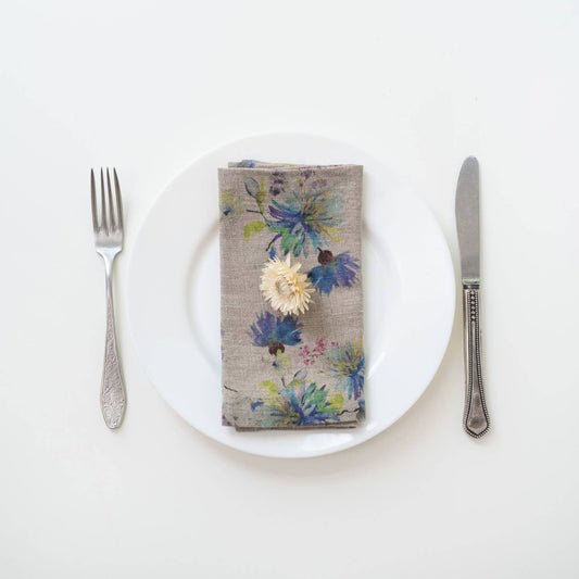 Flowers on Light Natural Linen Napkins Set of 4
