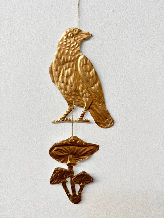Embossed gold tin Crow and Mushrooms hanging decoration