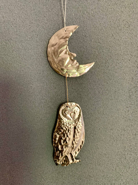 Celestial Moon and Owl Silver Foil Embossed Wall Decor