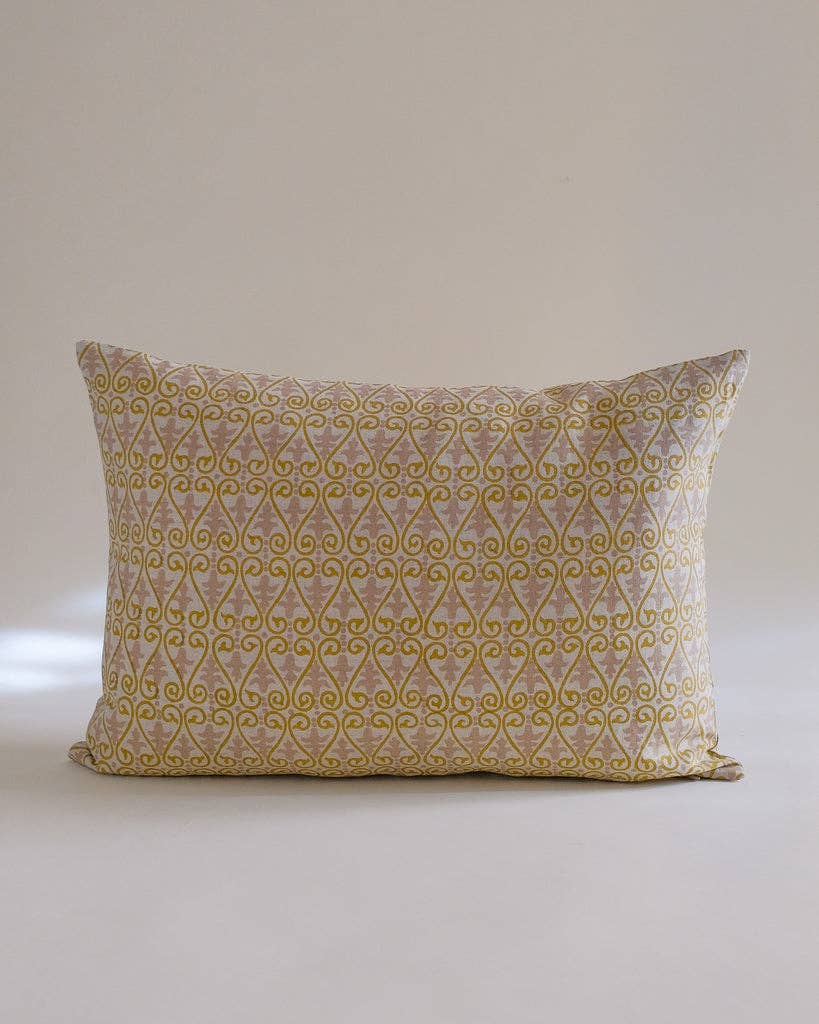 Vrinda - Hand Block-printed Linen Pillowcase (Olive): 18x18 with insert
