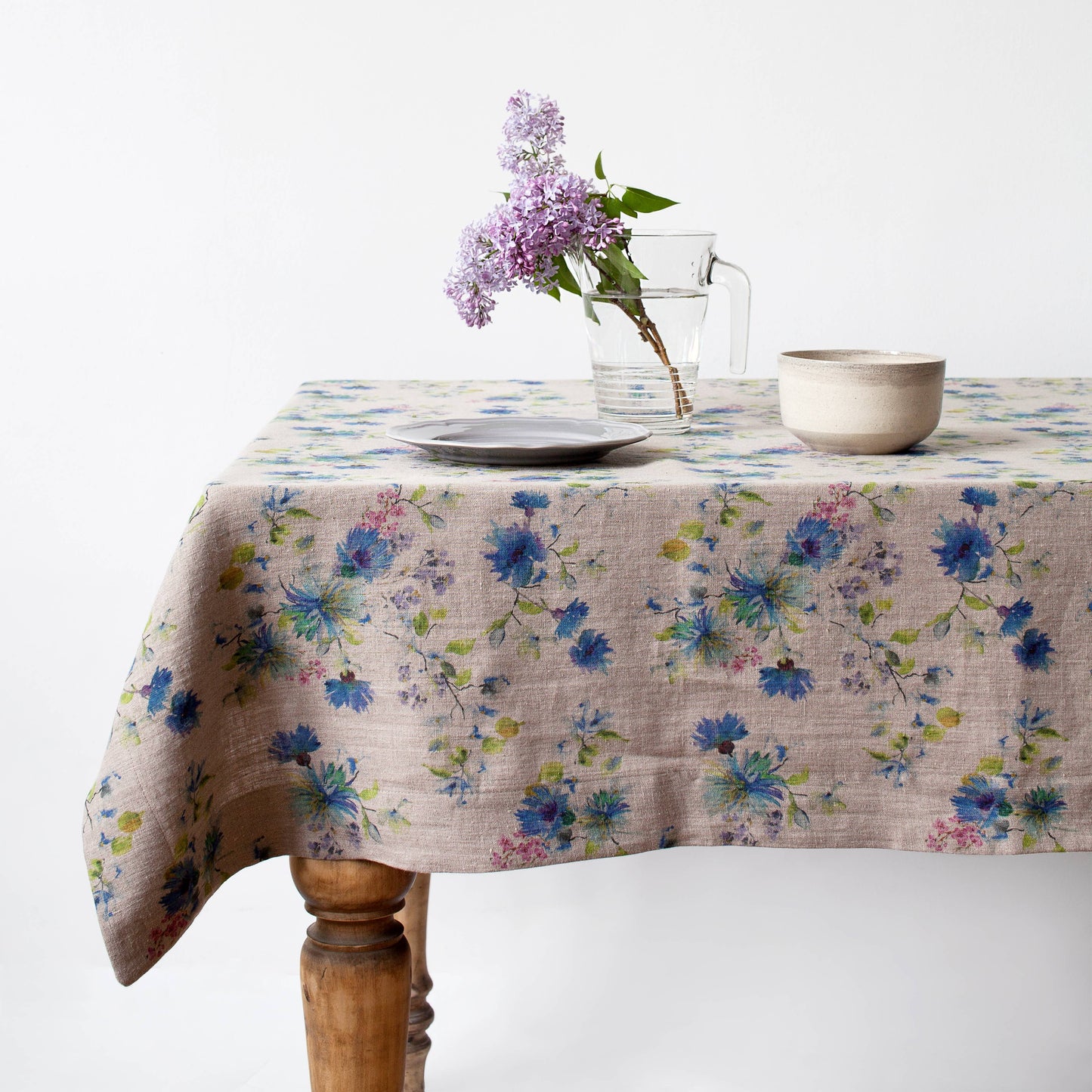 Flowers on Natural Linen Tablecloth: 55"x138" | 140x350 cm