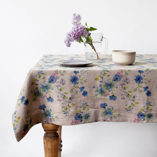 Flowers on Natural Linen Tablecloth: 55"x138" | 140x350 cm