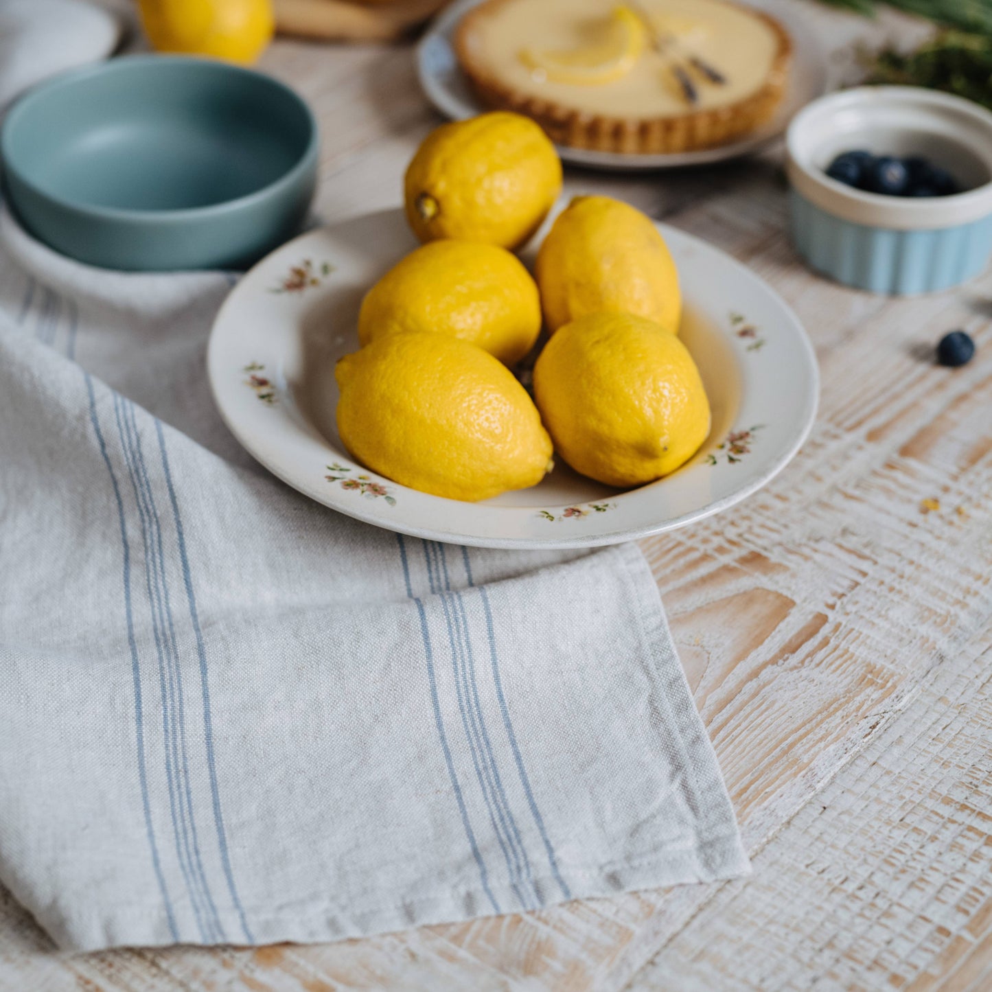 Grey Blue Wide Stripe Rustic Linen Kitchen Towel