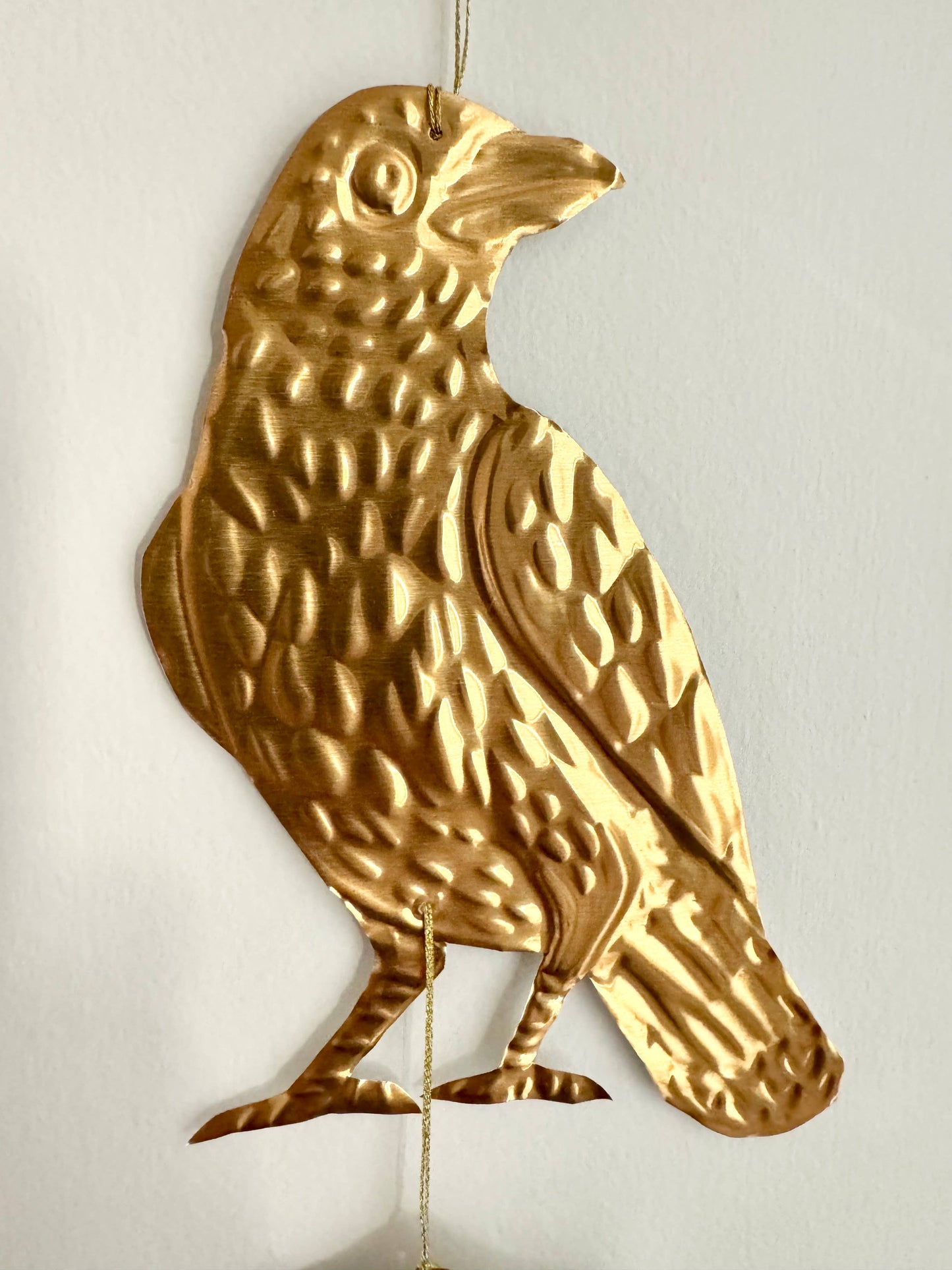 Embossed gold tin Crow and Mushrooms hanging decoration