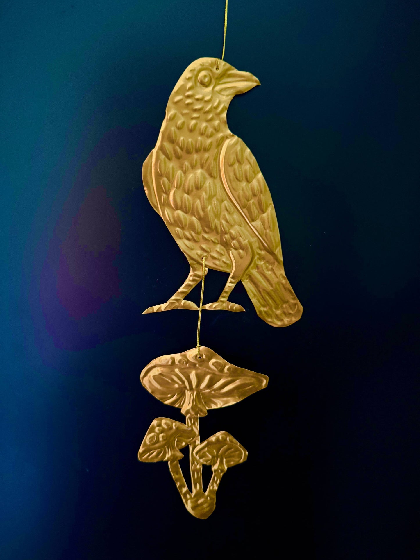 Embossed gold tin Crow and Mushrooms hanging decoration