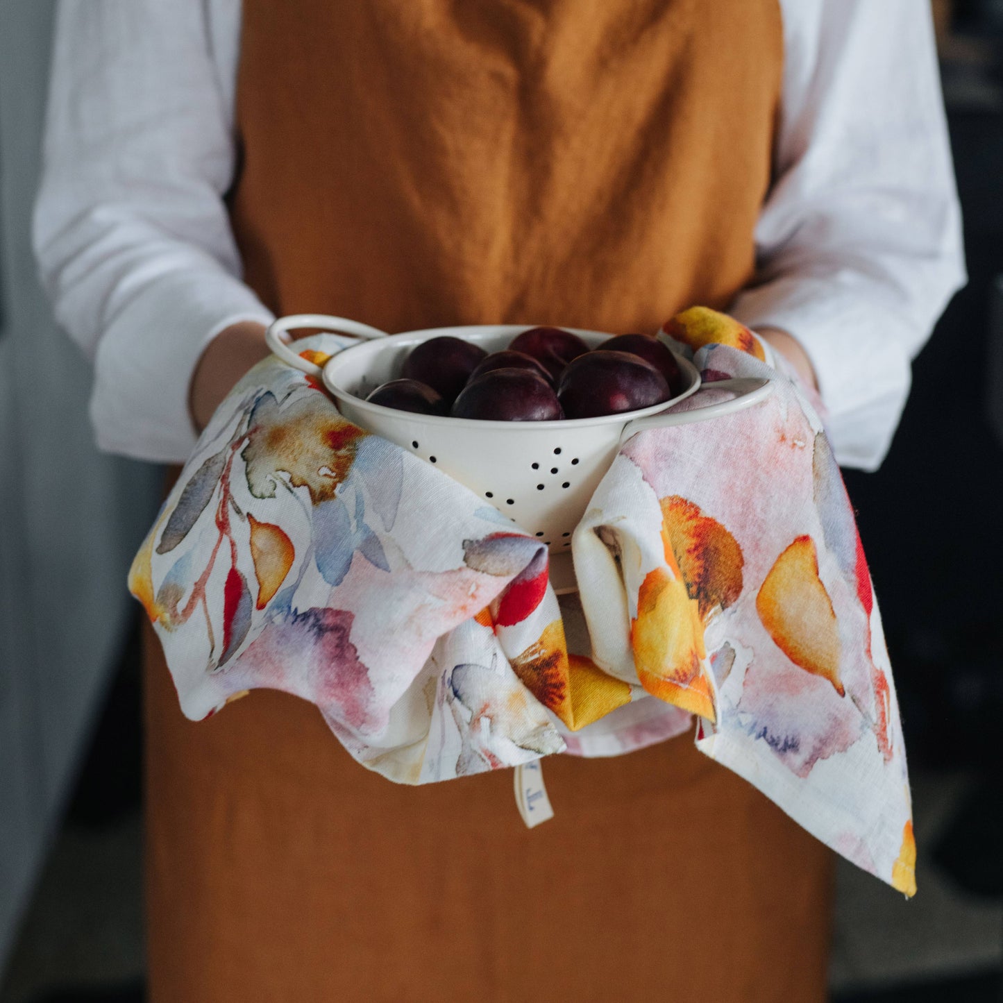 Orange Flow on Natural Linen Kitchen Towel