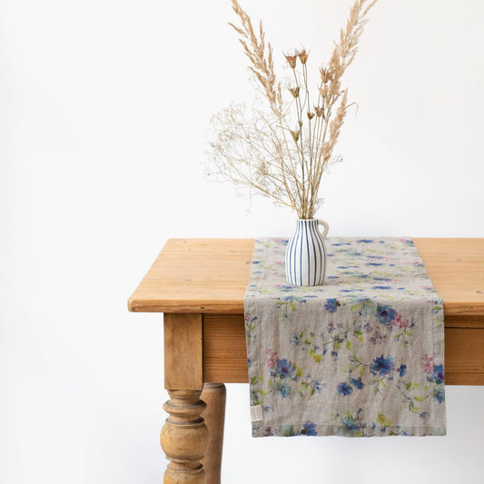 Flowers on Light Natural Linen Table Runner