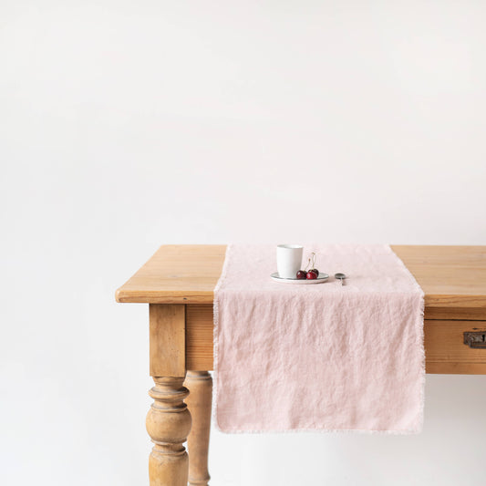 Misty Rose Linen Table Runner with Fringes: 16"x79" | 40x200 cm