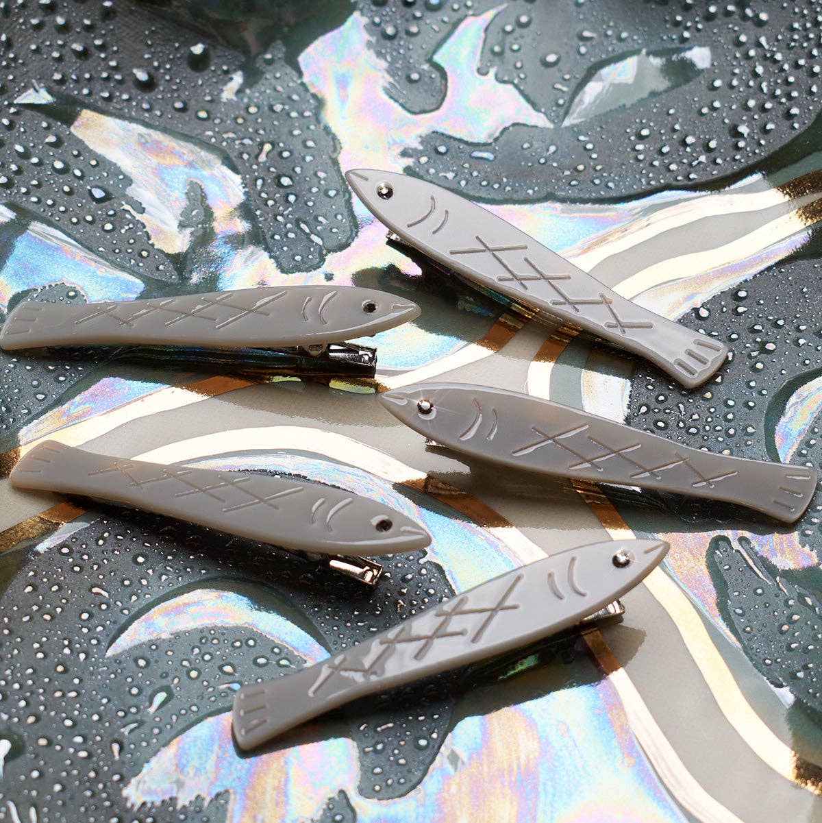 Sardine Fish Hair Clip Set in Silver Acetate with Rhinestone