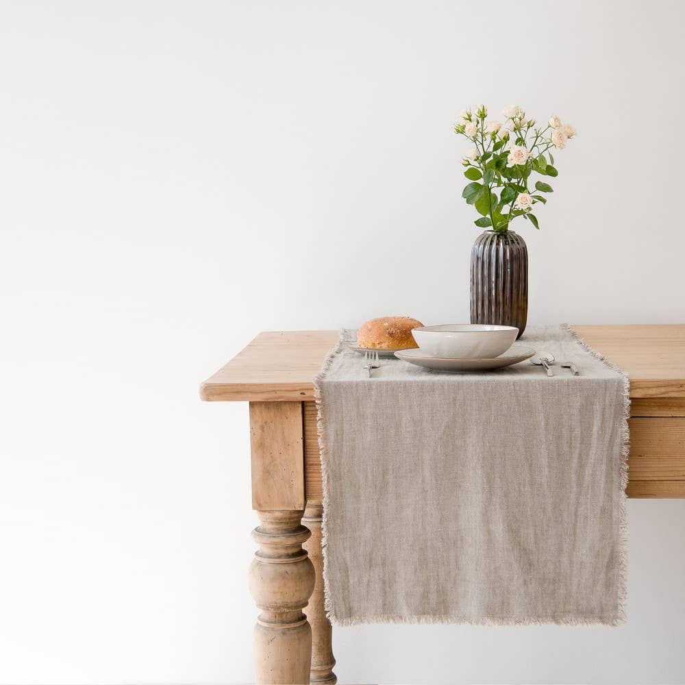 Natural Linen Table Runner with Fringes