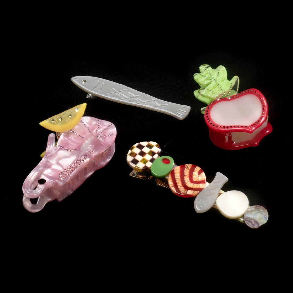 Sardine Fish Hair Clip Set in Silver Acetate with Rhinestone