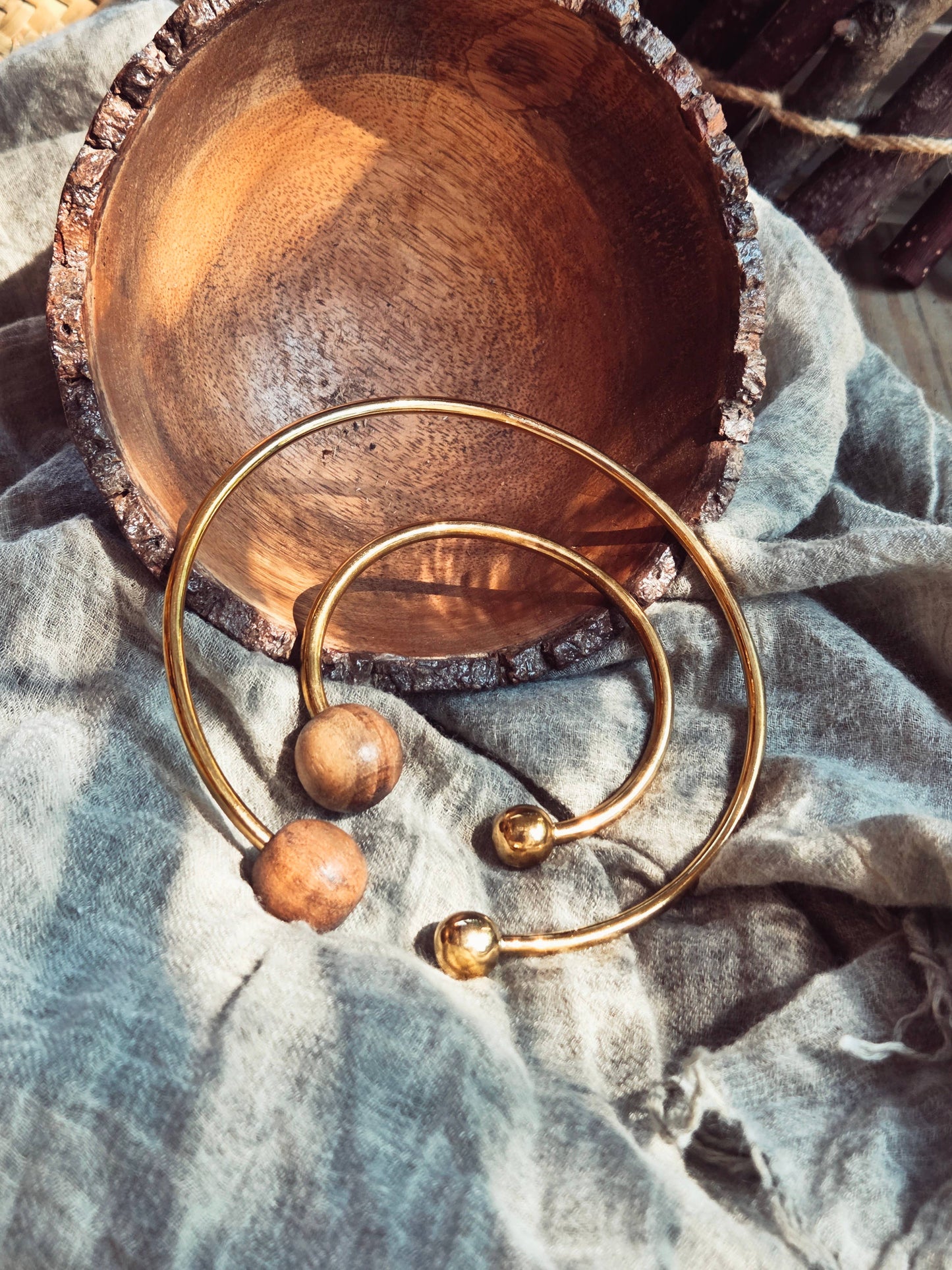 Wood brass bangle cuff bracelet modern runway designer: 1 wood sphere
