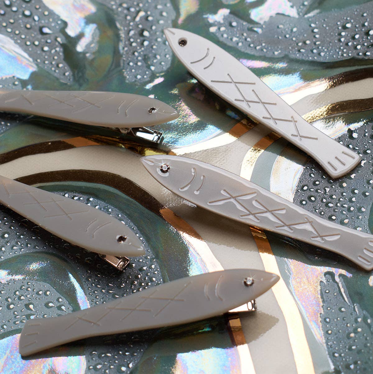 Sardine Fish Hair Clip Set in Silver Acetate with Rhinestone
