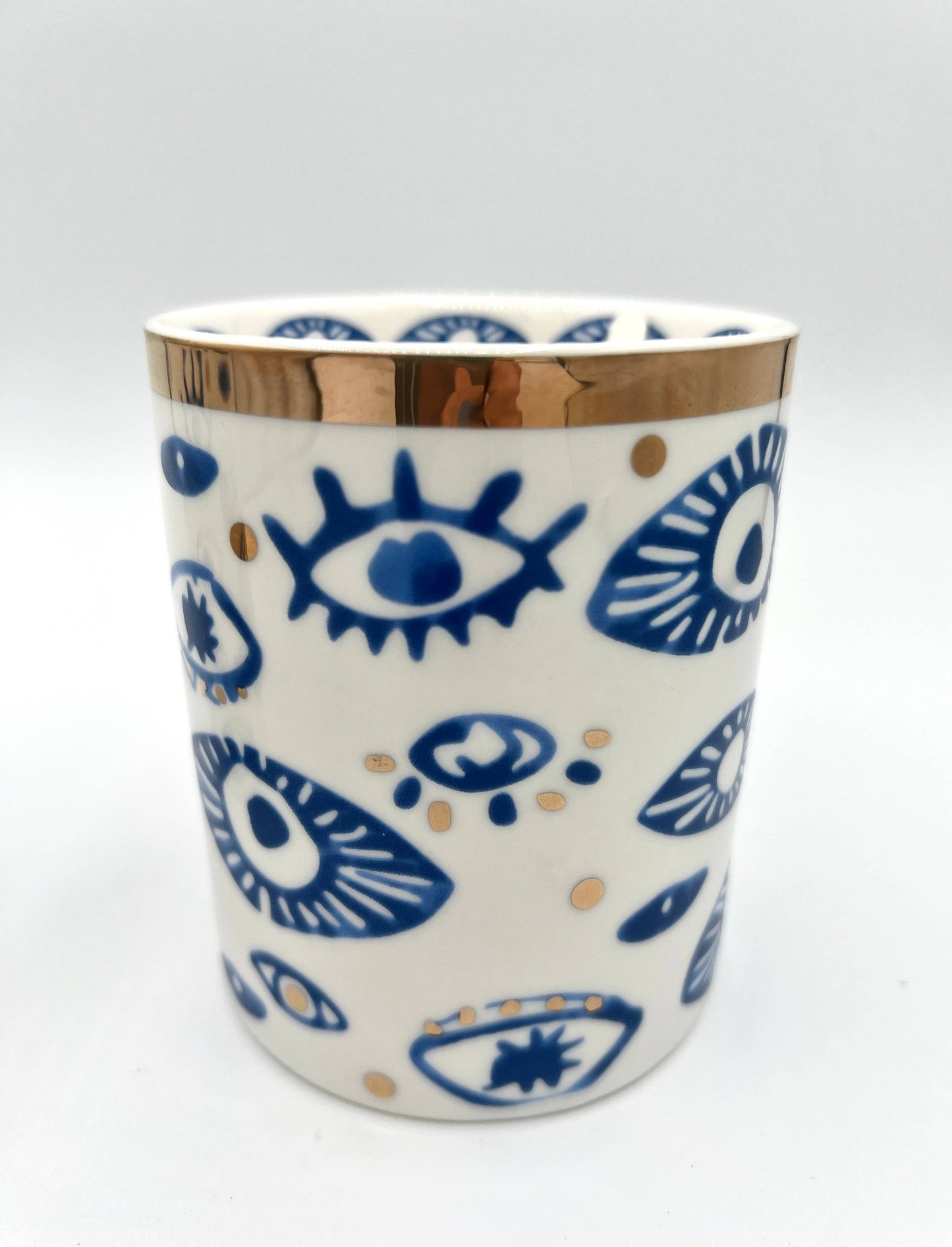 NEW! Beautiful Gold, Blue & White Ceramic "Evil Eye" Candle : Oud & Patchouli