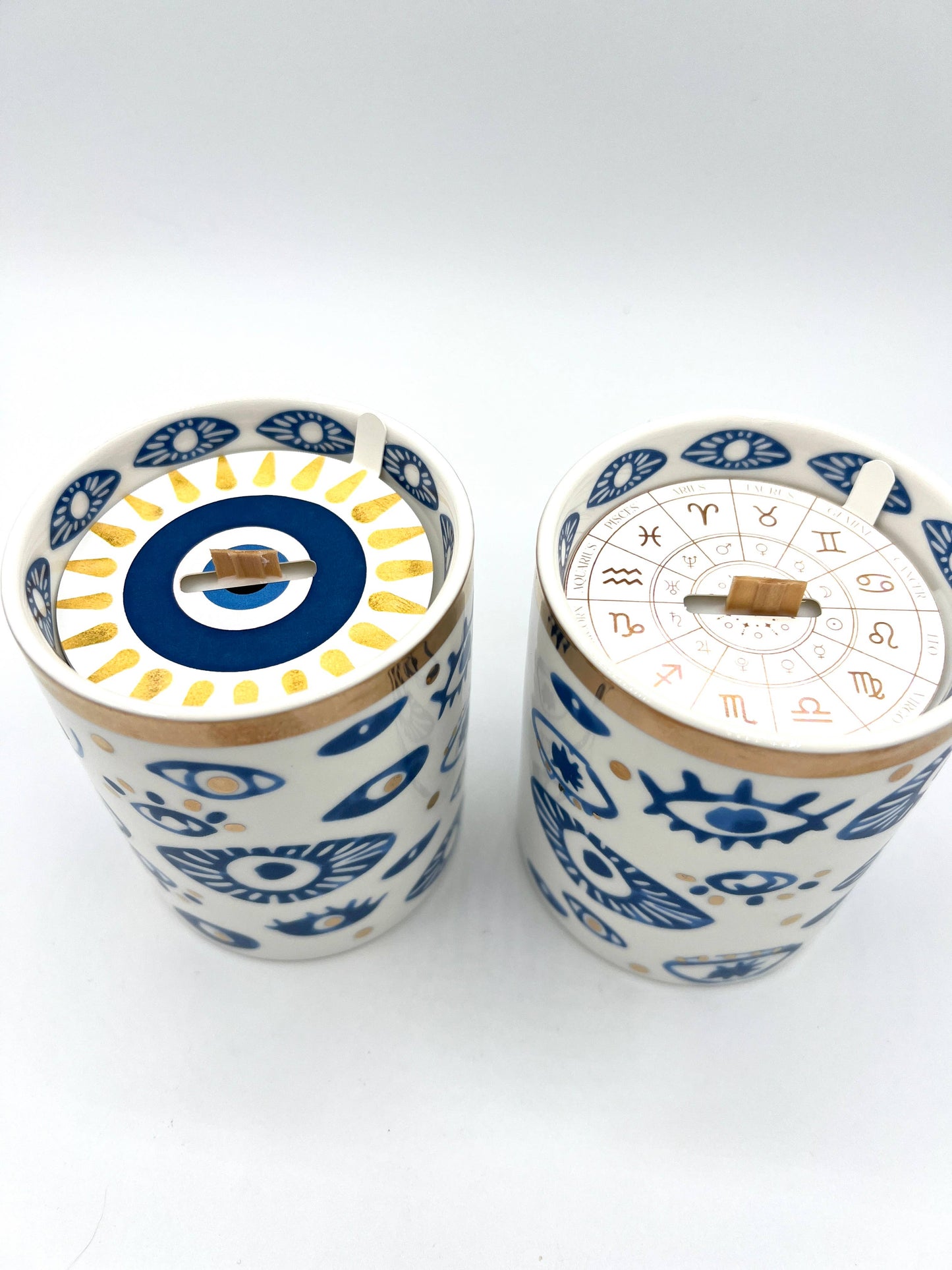 NEW! Beautiful Gold, Blue & White Ceramic "Evil Eye" Candle : Oud & Patchouli
