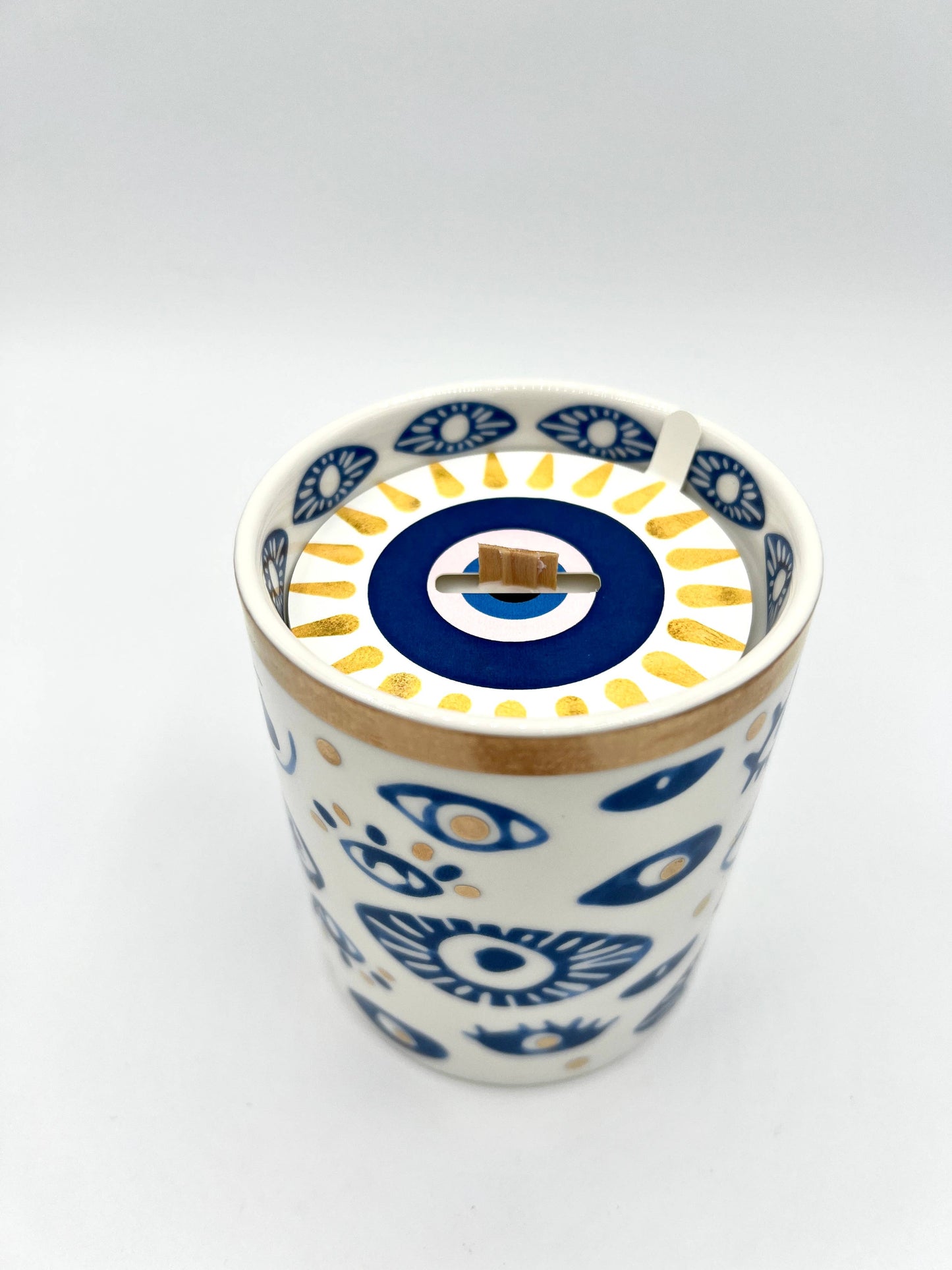 NEW! Beautiful Gold, Blue & White Ceramic "Evil Eye" Candle : Lavender & Sage