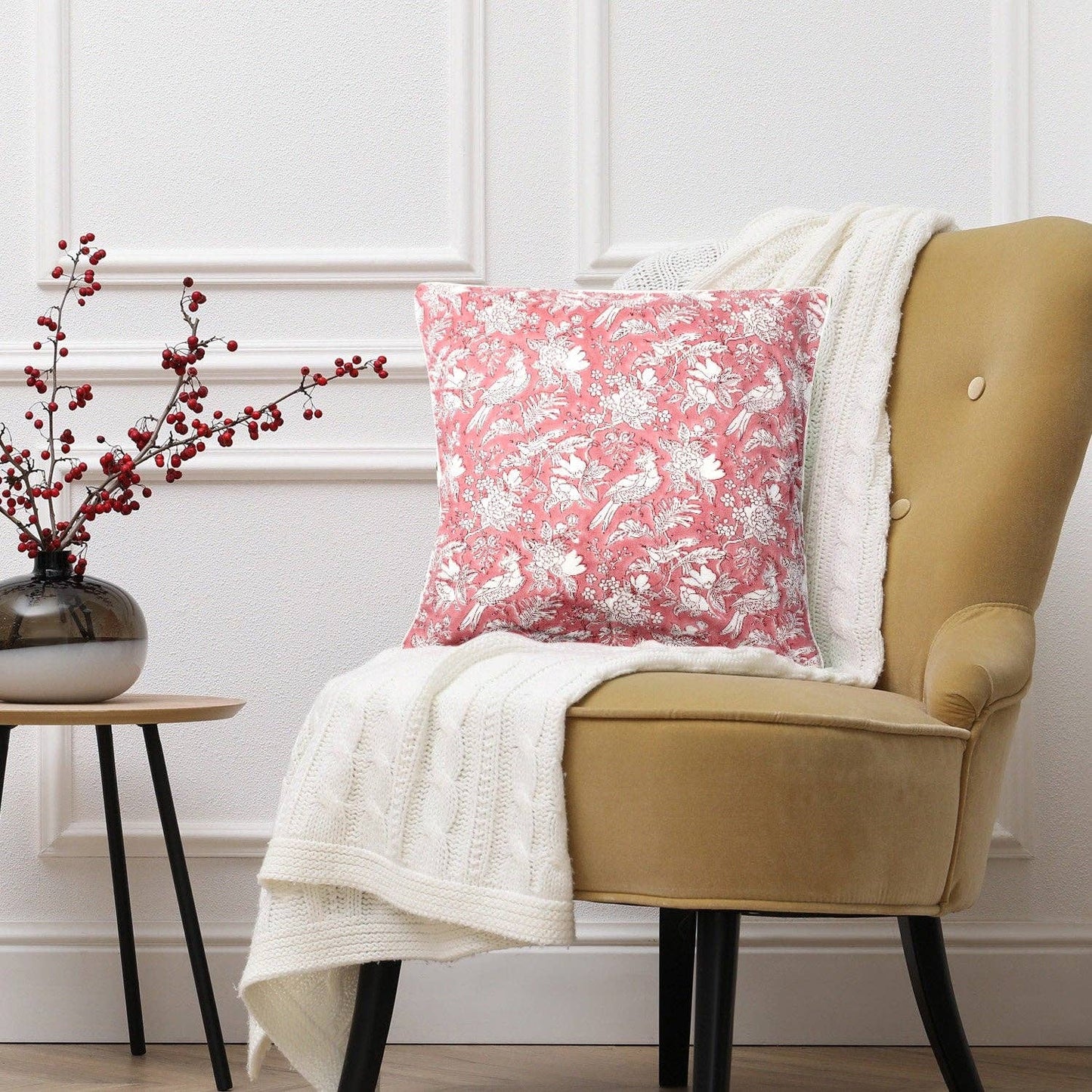 Ruby Red Block Printed Cotton Pillow 20 x 20