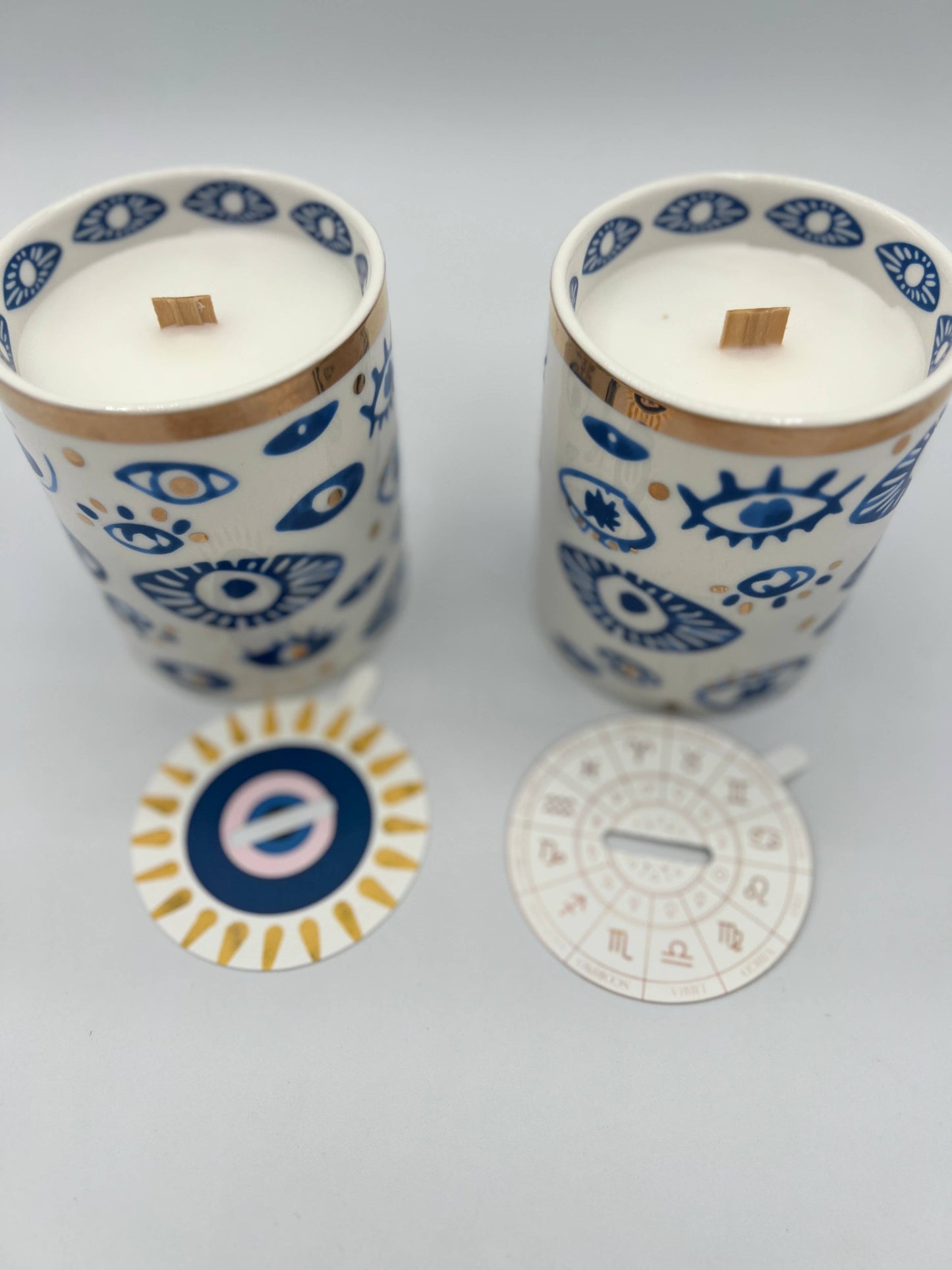 NEW! Beautiful Gold, Blue & White Ceramic "Evil Eye" Candle : Oud & Patchouli
