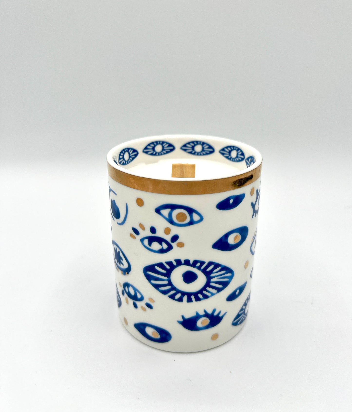 NEW! Beautiful Gold, Blue & White Ceramic "Evil Eye" Candle : Oud & Patchouli