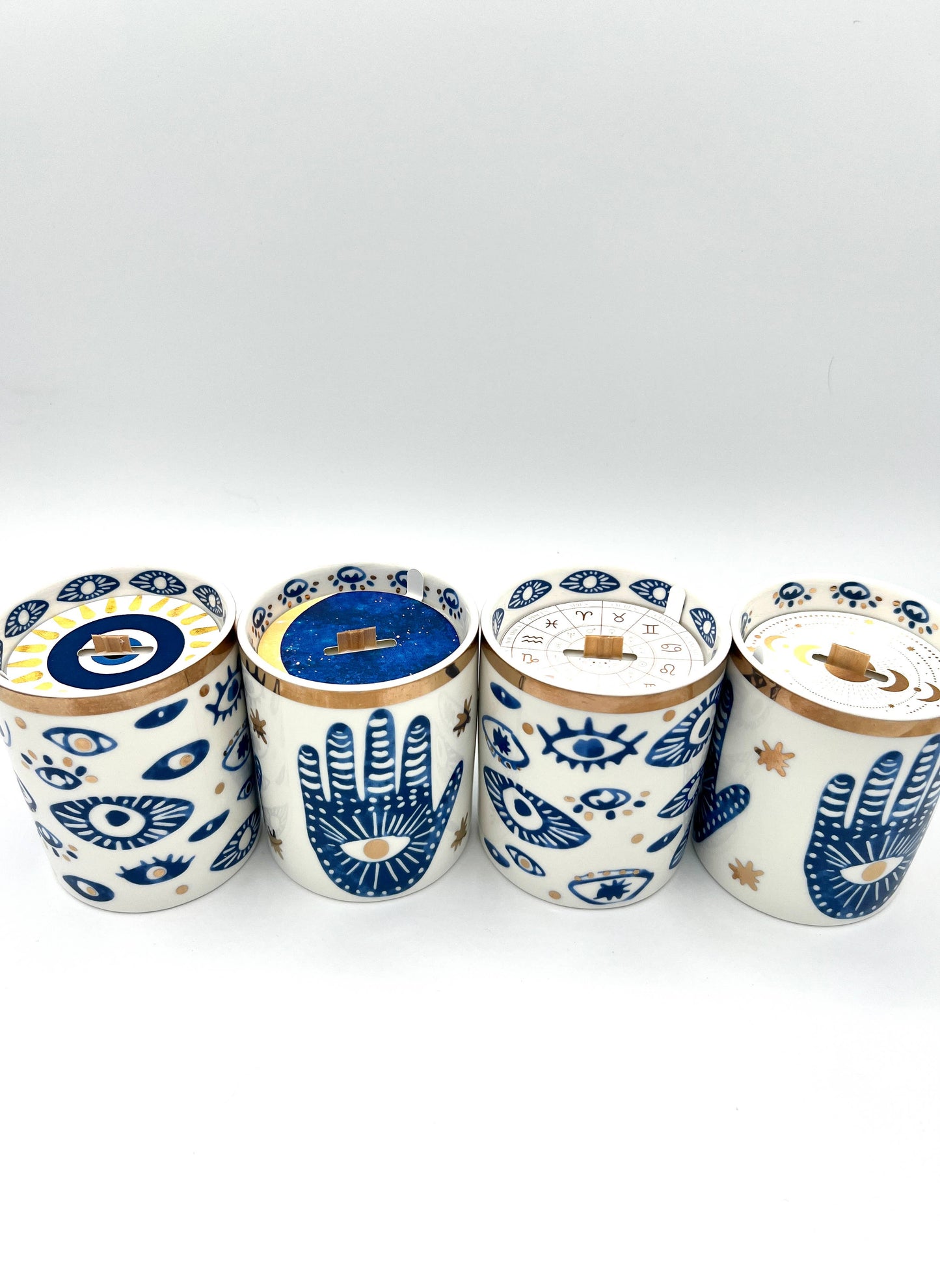 NEW! Beautiful Gold, Blue & White Ceramic "Evil Eye" Candle : Oud & Patchouli