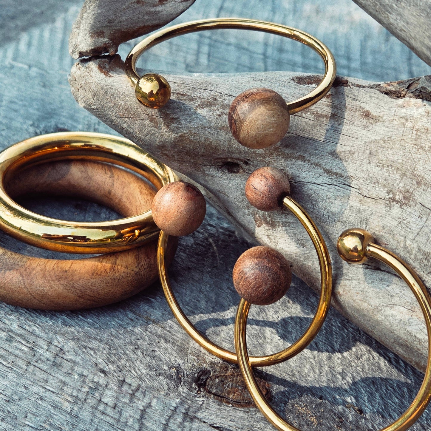 Wood brass bangle cuff bracelet modern runway designer: 1 wood sphere