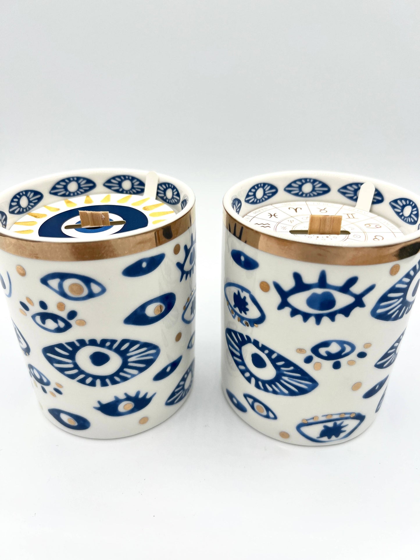 NEW! Beautiful Gold, Blue & White Ceramic "Evil Eye" Candle : Oud & Patchouli