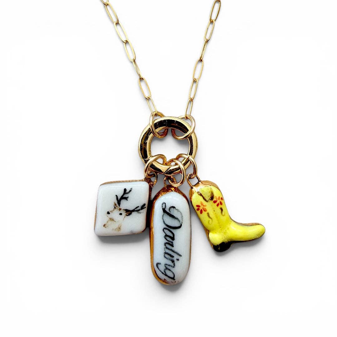 Cowboy Boot Charm: Pink with Spots / Gold Luster
