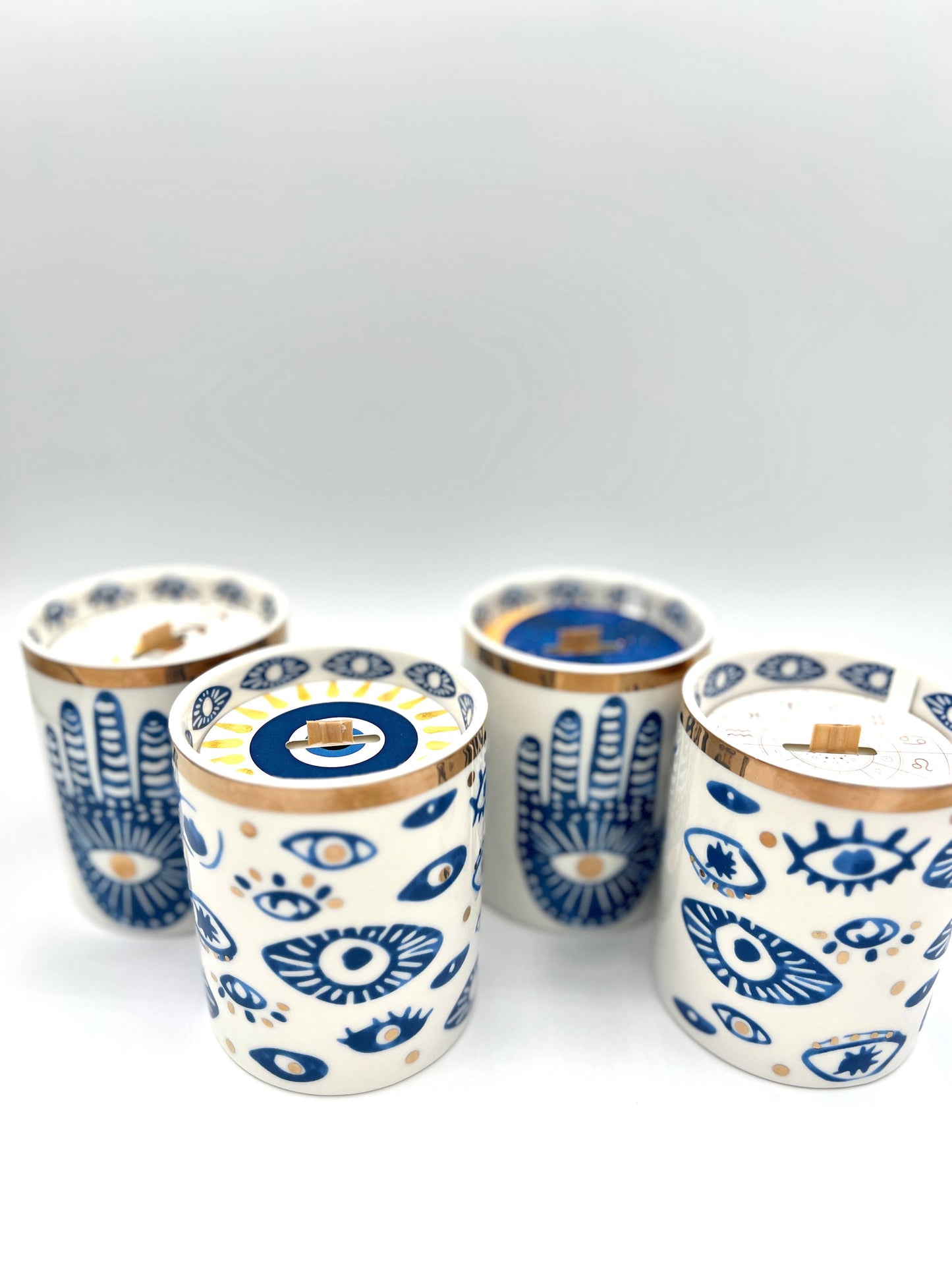 NEW! Beautiful Gold, Blue & White Ceramic "Evil Eye" Candle : Oud & Patchouli