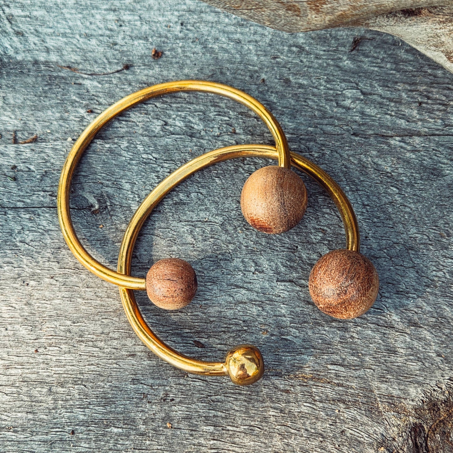 Wood brass bangle cuff bracelet modern runway designer: 1 wood sphere