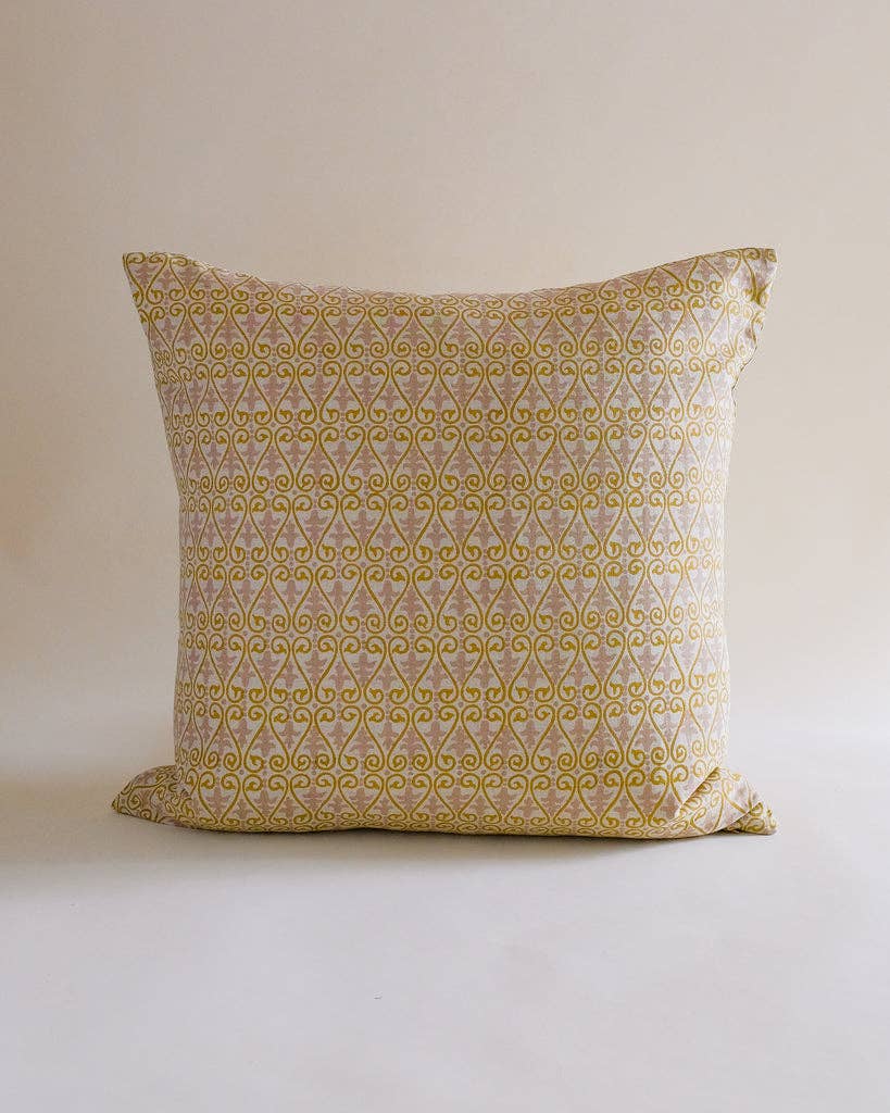Vrinda - Hand Block-printed Linen Pillowcase (Olive): 18x18 with insert